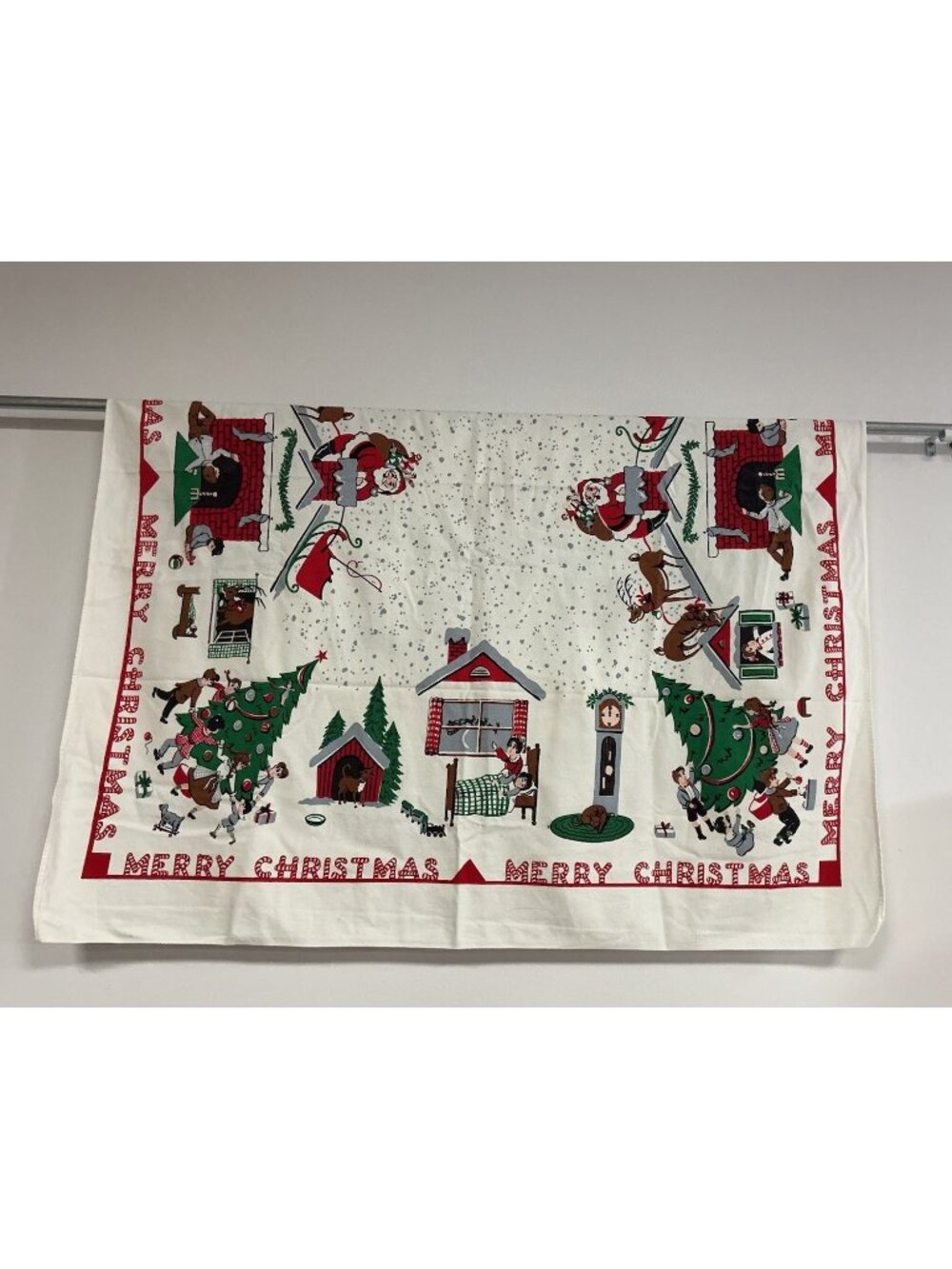 Mid Century Merry Christmas Vintage Tablecloth Santa Ornaments Tree Atomic